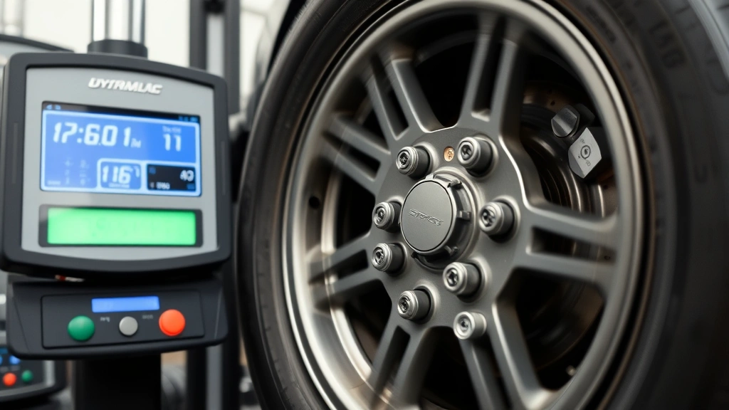 Close-up of dynamic tire balancer with spinning wheel assembly, digital display showing weight measurements and balance data, adhesive wheel weights visible on tire rim, precision calibration equipment in automotive shop