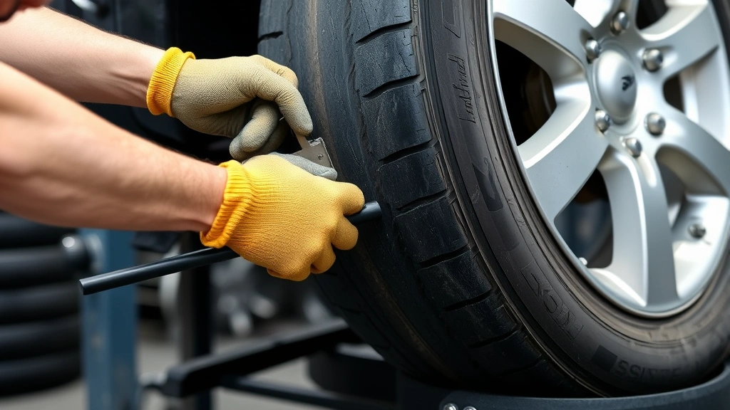 Technician using bead breaker tool on tire sidewall to separate rubber from metal rim, showing proper hand positioning and tool angle, wheel secured in work stand, safety equipment visible including gloves and eye protection