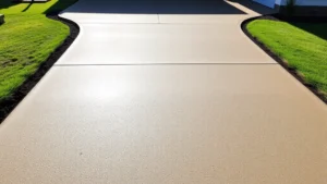 Freshly poured concrete driveway with proper grading and finished trowel surface, showing clean edges and smooth texture in bright daylight