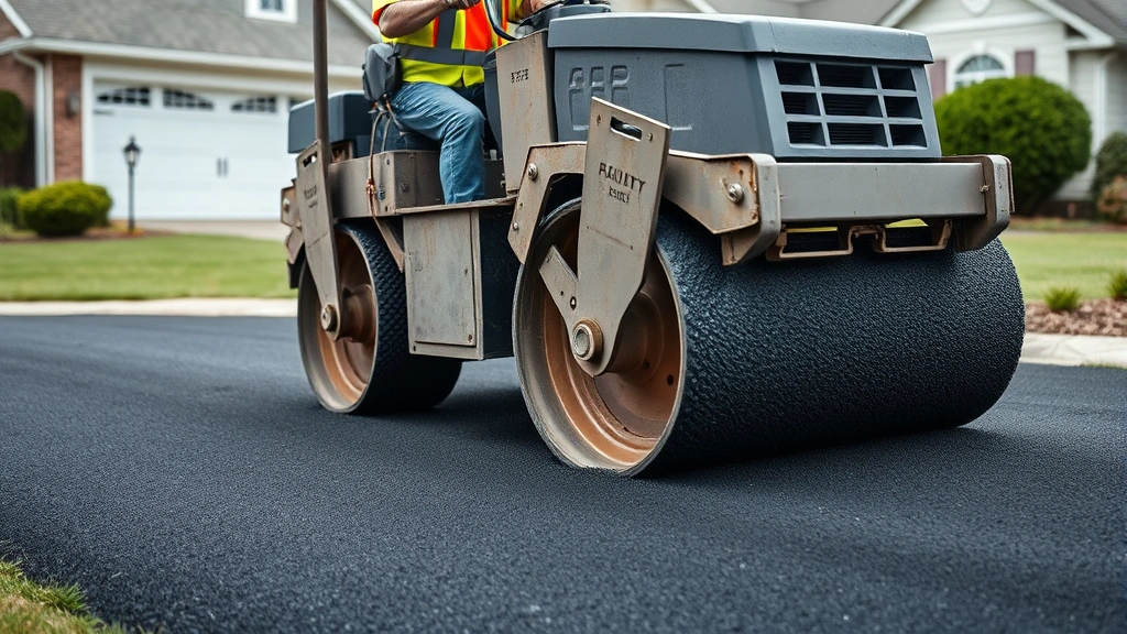 Asphalt roller compacting hot-mix asphalt on residential driveway, worker in safety vest guiding equipment with proper technique