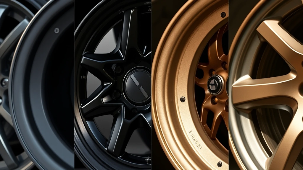 Close-up comparison of four different powder-coated aluminum wheel finishes showing matte black, metallic gunmetal, gloss white, and bronze colored rims with professional quality surface
