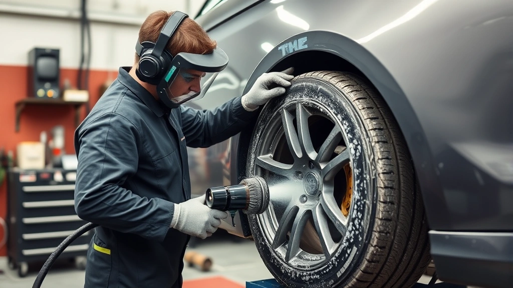 Technician performing surface preparation work on automotive rim using media blasting equipment with protective gear and dust collection system in professional facility