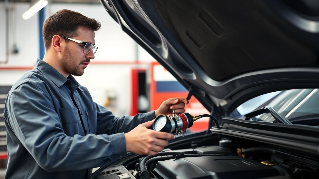 Professional automotive technician wearing safety glasses performing air conditioning service on vehicle engine bay, holding refrigerant charging equipment and gauge, well-lit modern repair shop background