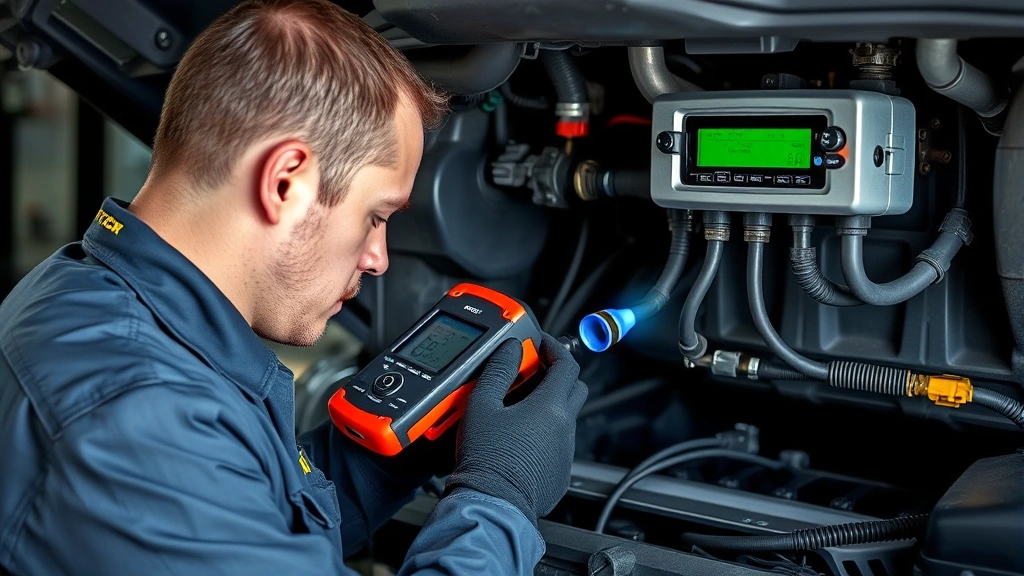 Certified mechanic using electronic leak detection equipment on vehicle AC system, holding specialized UV detection tool near refrigerant lines, detailed engine bay visible with proper lighting and tools