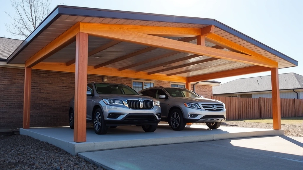 Modern double-car carport with metal roof and pressure-treated posts in bright sunlight, showing clean concrete foundation and side view of complete structure