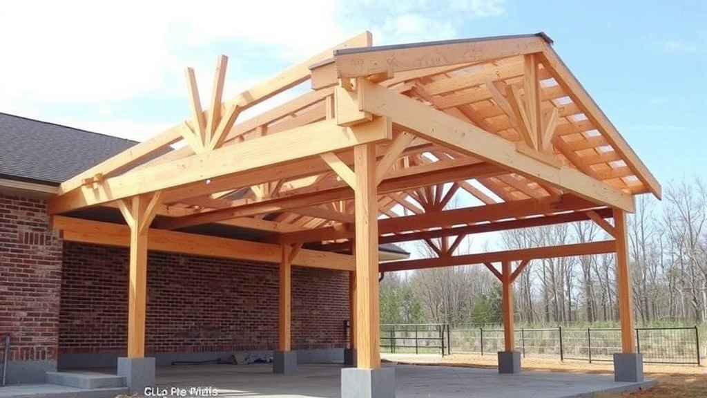 Carport under construction showing wooden roof truss framework installed on concrete footings, with support posts and beam connections visible