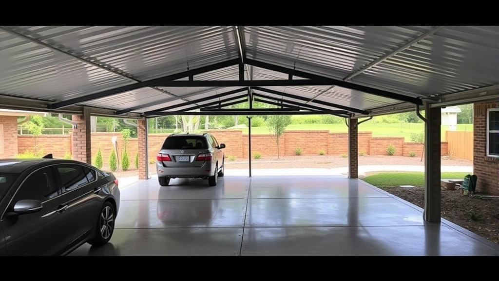 Finished carport with polished concrete floor, metal roofing panels, gutters installed, two vehicles parked underneath, landscaping visible in background