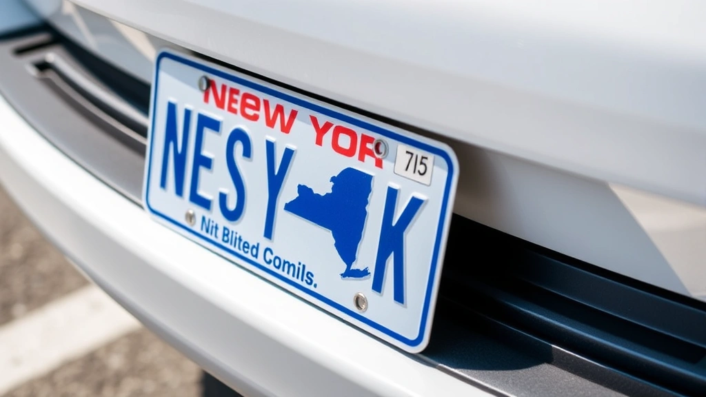Close-up of a New York license plate mounted on a vehicle bumper, showing the distinctive blue and white design with the state outline, photographed in natural daylight against a clean white vehicle