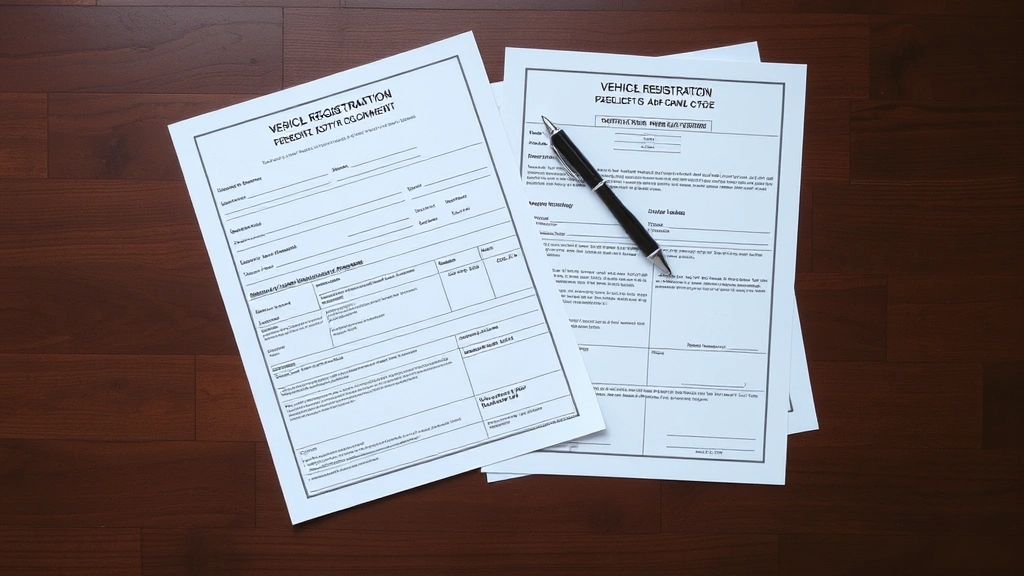 Overhead shot of vehicle registration documents, title paperwork, and a pen arranged on a wooden desk surface, showing official state forms without visible text or identifying information