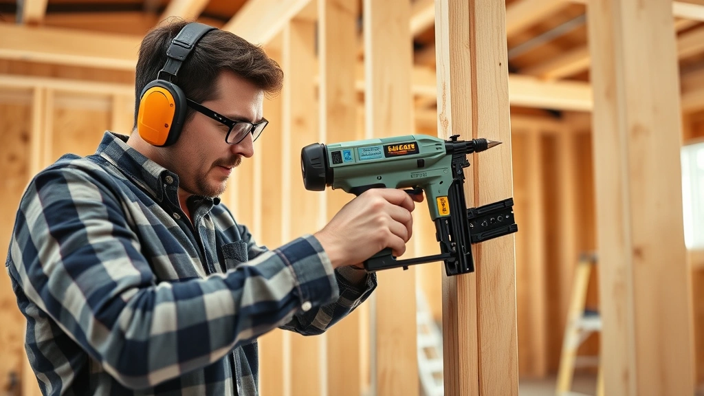 Professional carpenter using a cordless nail gun on wooden framing in bright workshop, wearing safety glasses and hearing protection, fastening studs together