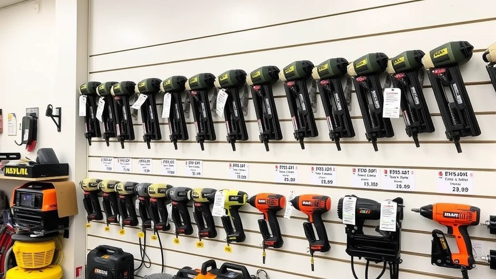 Equipment rental center display showing various nail guns mounted on wall with price tags, organized by type and power source, clean modern facility