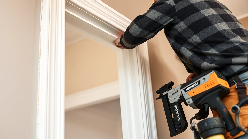 Homeowner installing trim work around doorway with pneumatic nail gun connected to air compressor, finishing carpentry detail work on wall