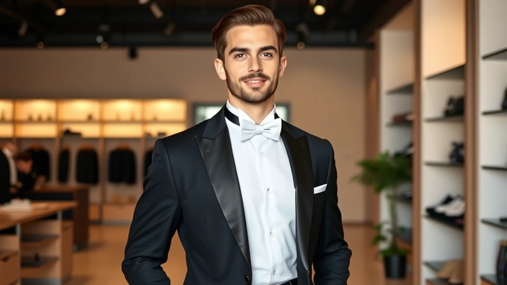 Professional male model wearing perfectly fitted black tuxedo with white dress shirt and bow tie, standing in formal pose in upscale rental shop with elegant neutral background