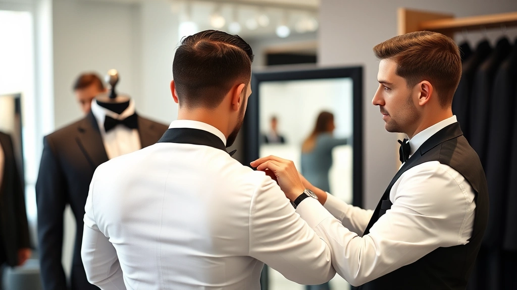 Professional tailor measuring and pinning jacket shoulders on formal tuxedo worn by male customer in bright retail fitting room with three-way mirror