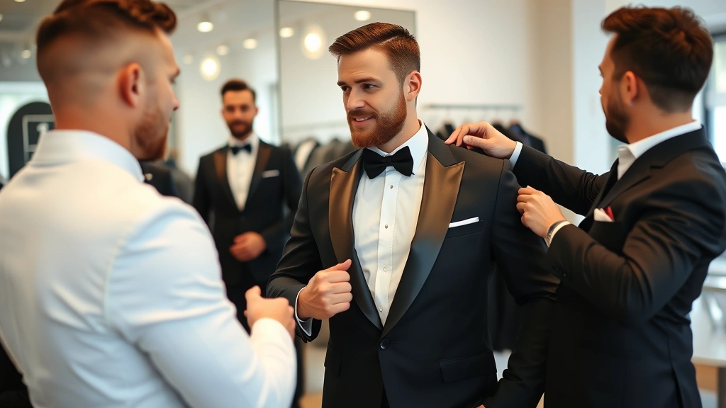 Male customer trying on tuxedo jacket while checking fit in large mirror, with rental shop employee assisting with sleeve adjustments in well-lit modern boutique