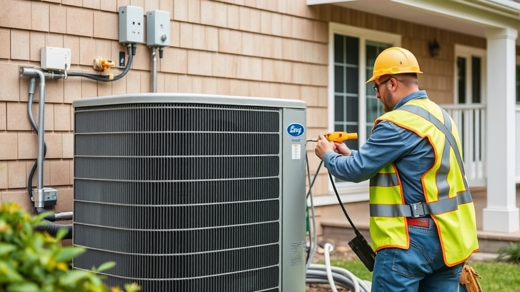 Professional HVAC technician in safety gear installing large outdoor air conditioning condenser unit against residential home exterior, connecting refrigerant lines with specialized tools