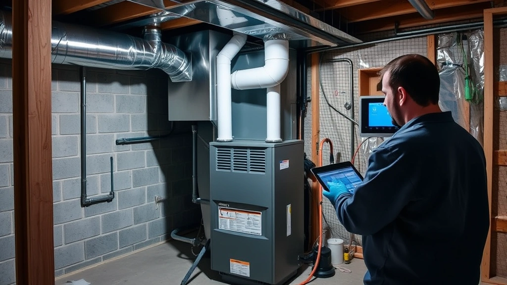 Interior view of basement mechanical room showing new furnace unit installed next to ductwork, technician performing final connections and testing with digital equipment