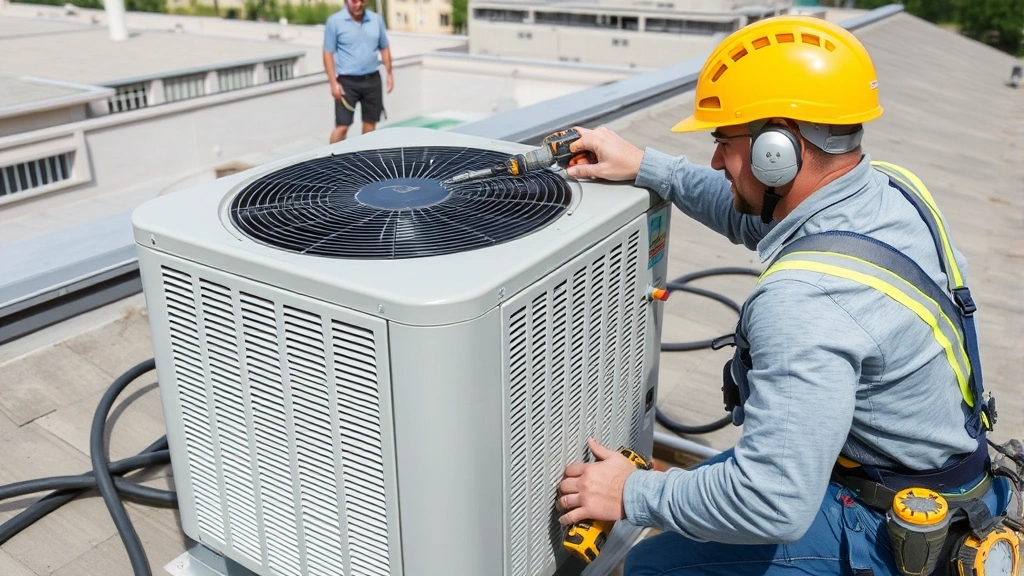 Technician on rooftop installing new HVAC condenser unit with power tools and safety equipment, showing professional installation complexity and proper outdoor placement