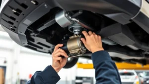 Professional mechanic replacing starter motor under vehicle engine bay, hands working with socket wrench on mounting bolts, modern car lifted on hydraulic lift in well-lit garage workshop