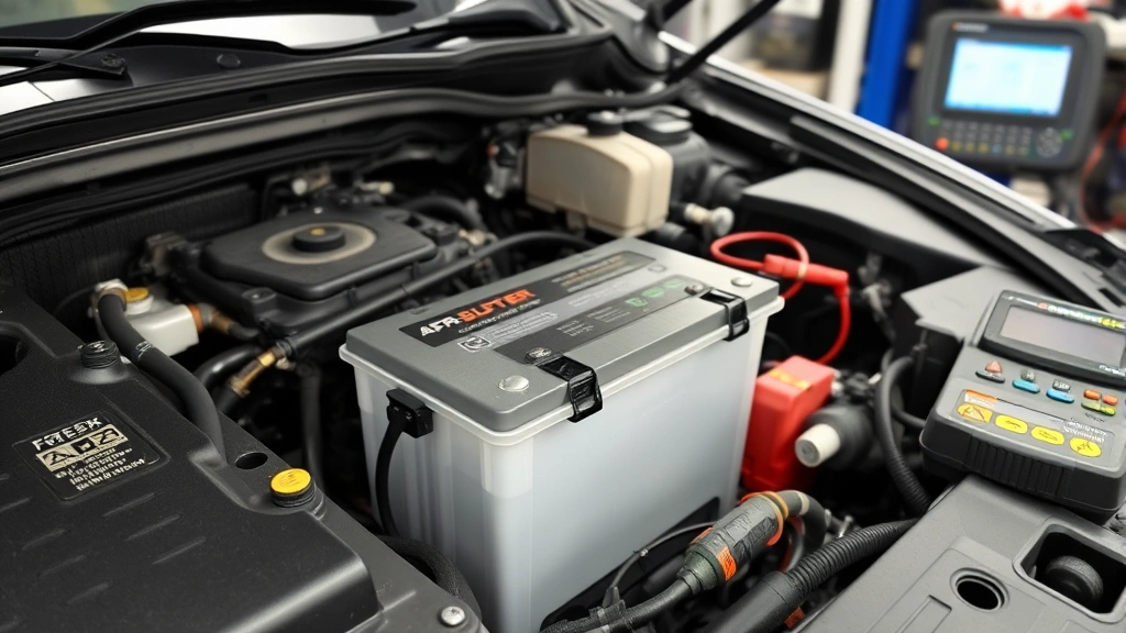 Vehicle battery and electrical system components visible in engine bay, showing battery terminals and starter location, diagnostic equipment nearby, professional garage environment with proper lighting