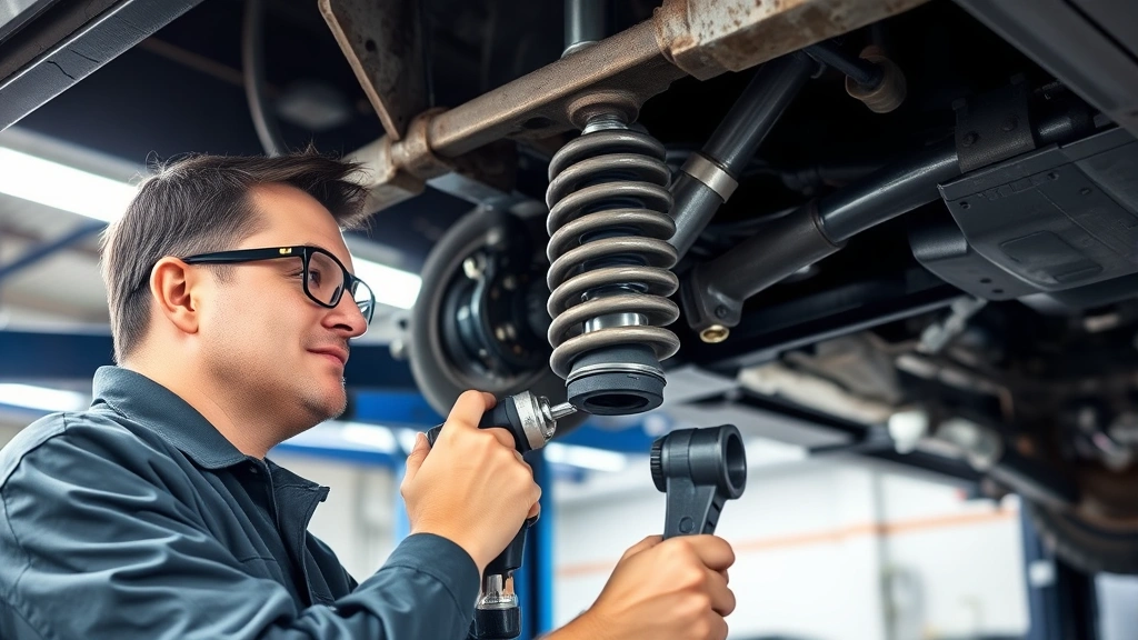 Professional mechanic working under vehicle on lift with CV axle assembly visible, wearing safety glasses and using socket wrench on suspension components, well-lit professional garage setting