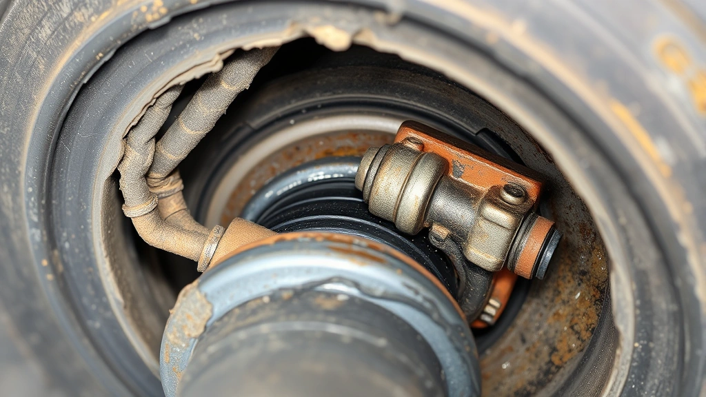 Close-up of worn CV joint with torn rubber boot exposing grease and metal components, damaged joint showing deterioration and contamination from road salt and moisture