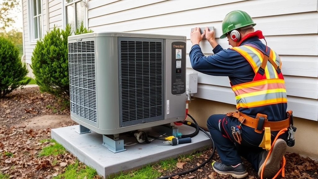 Professional HVAC technician installing outdoor air conditioning unit on residential home, showing proper placement on concrete pad with refrigerant lines, worker wearing safety equipment
