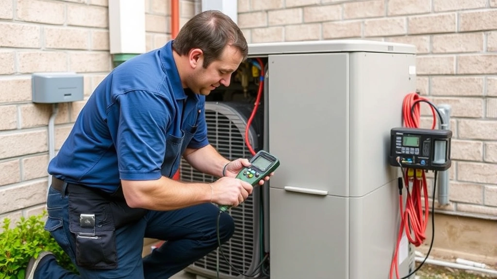 HVAC technician performing maintenance on split system outdoor condenser unit, checking refrigerant gauges and electrical connections with professional diagnostic equipment