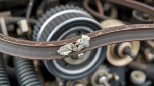 Close-up of a worn, cracked serpentine belt with visible deterioration and missing rubber chunks against engine bay background with pulleys visible