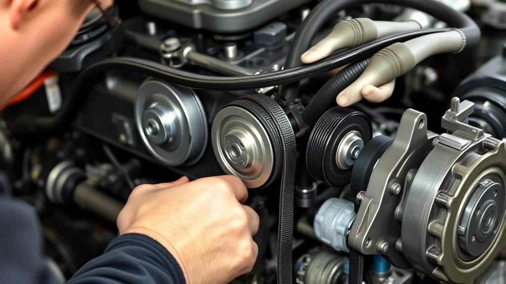 Professional mechanic installing a new serpentine belt on an engine with multiple pulleys, tensioner, and idler pulleys in proper alignment