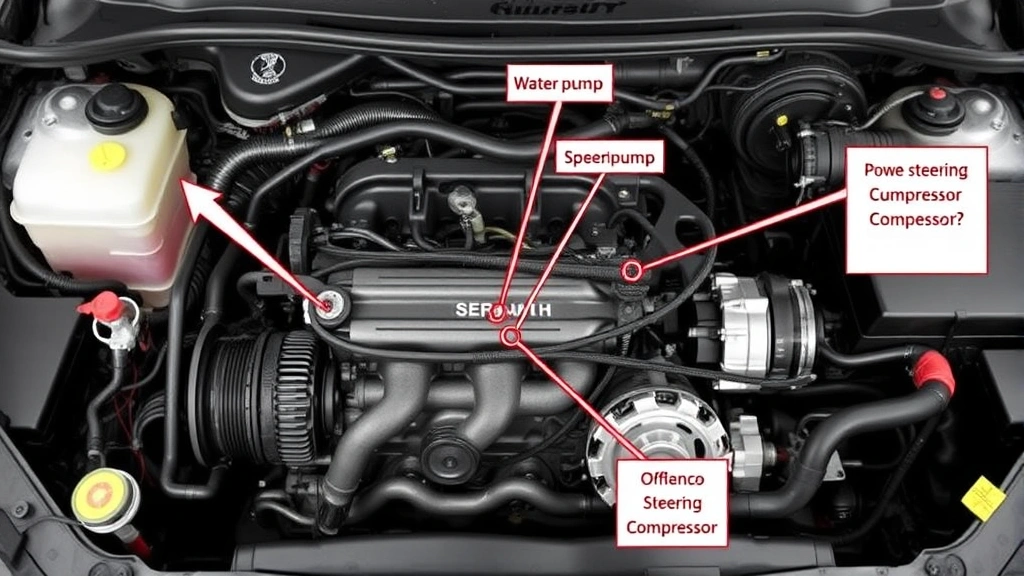 Engine bay showing serpentine belt routing diagram with multiple accessory components like alternator, power steering pump, water pump, and air conditioning compressor clearly visible