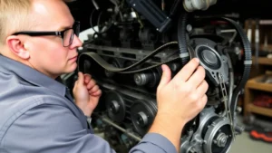Professional mechanic removing timing belt from engine block, wearing safety glasses, hands working on exposed engine components with timing marks visible, workshop setting with tools organized nearby