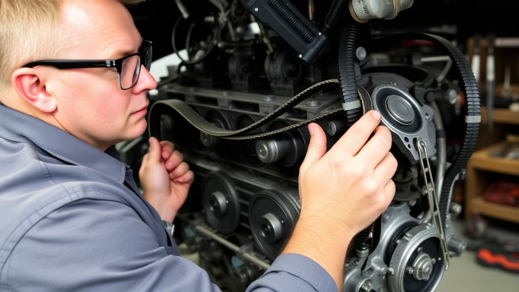 Professional mechanic removing timing belt from engine block, wearing safety glasses, hands working on exposed engine components with timing marks visible, workshop setting with tools organized nearby