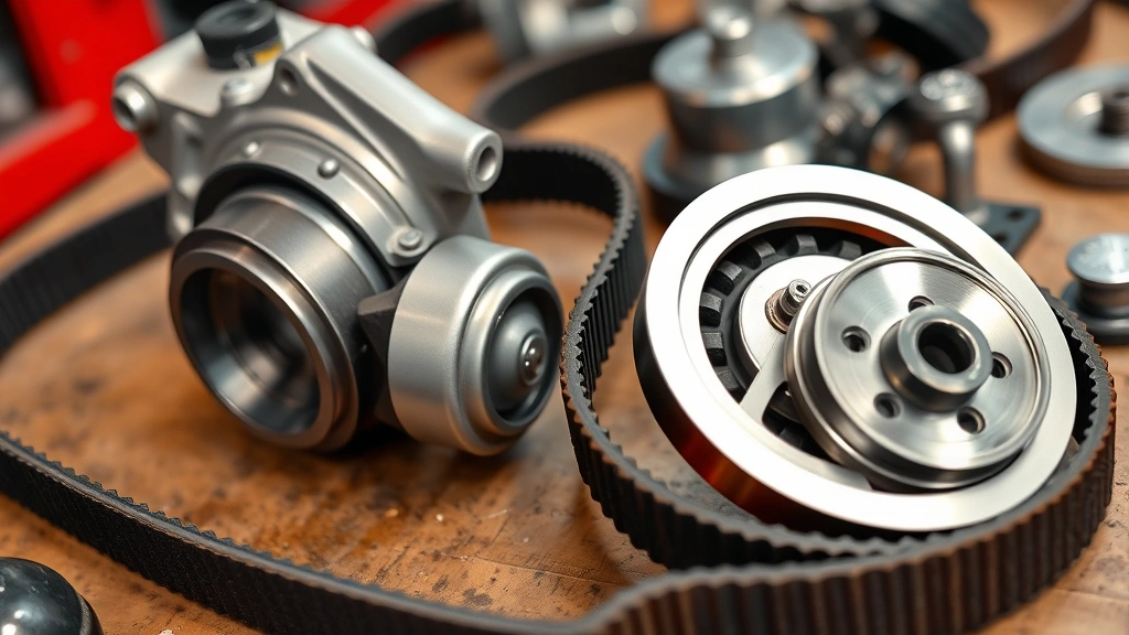 Close-up of new timing belt next to water pump and tensioner pulley parts laid out on workbench, showing quality replacement components before installation, proper lighting highlighting belt teeth and pulley grooves