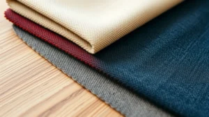 Close-up of professional upholstery fabric swatches in various textures and colors arranged on wooden surface, natural daylight, showing quality variations