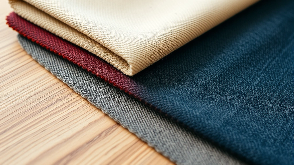 Close-up of professional upholstery fabric swatches in various textures and colors arranged on wooden surface, natural daylight, showing quality variations