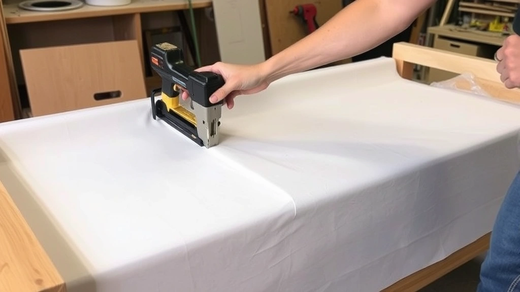 Hands using pneumatic staple gun on wooden couch frame with new fabric being stretched taut, workshop setting with tools visible in background