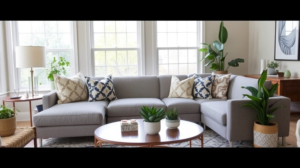 Interior of living room featuring newly reupholstered modern sofa in gray performance fabric, completed project styled with throw pillows and plants