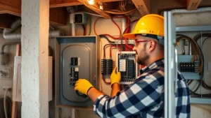 Professional electrician in hard hat installing new electrical panel in residential basement, holding wire and breaker switches, modern equipment visible