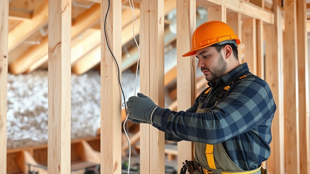 Electrician running white and black electrical wire through wooden wall framing in house under renovation, attic insulation visible in background