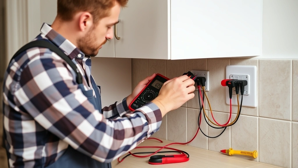 Licensed electrician testing completed circuit with multimeter, checking outlets and switches in newly rewired kitchen, professional tools and equipment visible