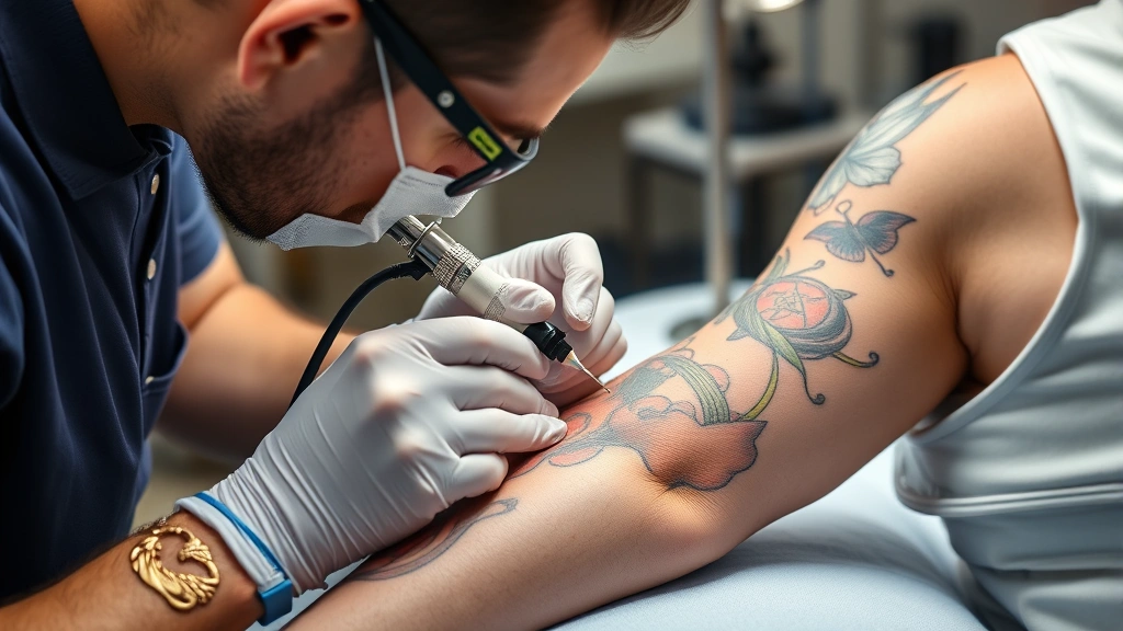 Professional tattoo artist working on client's arm with vibrant colored ink, steady hand positioning needle gun over skin during detailed design application, bright studio lighting, sterile environment with tray of equipment nearby