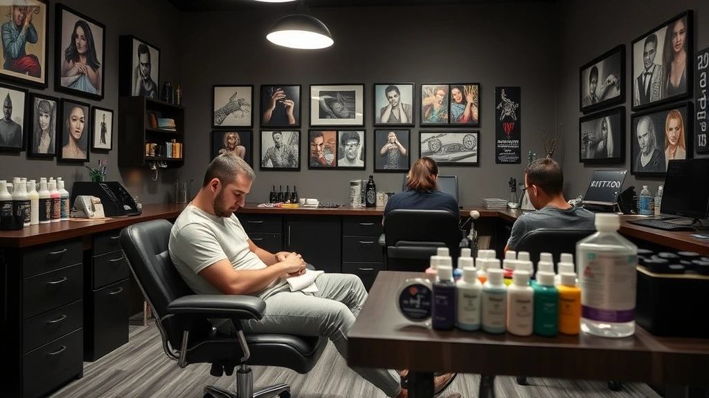 Tattoo studio interior with comfortable client chair, artist at workstation organizing sterilized equipment and ink bottles, professional atmosphere with portfolio displays on walls, modern facility demonstrating cleanliness standards