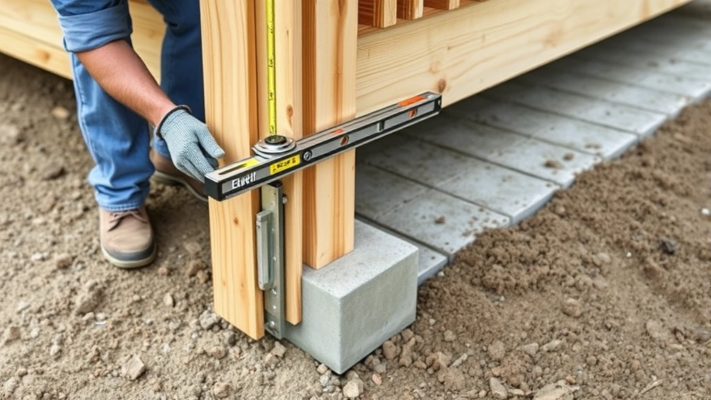 Professional contractor installing pressure-treated deck posts into concrete footings using post level tool, showing proper vertical alignment and concrete curing
