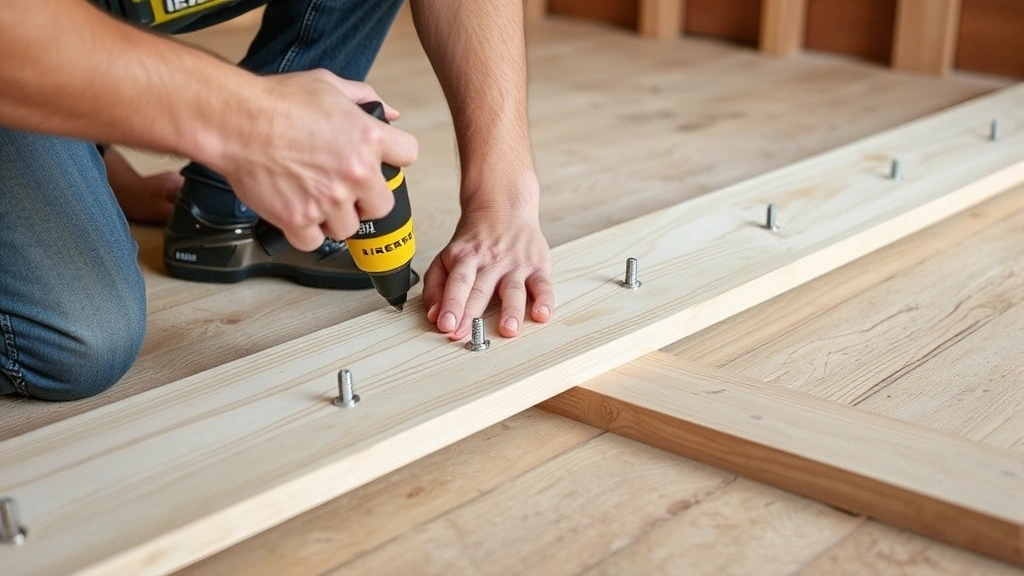 Worker fastening pressure-treated decking boards to floor joists using cordless impact driver with stainless steel screws, demonstrating proper spacing and fastening technique