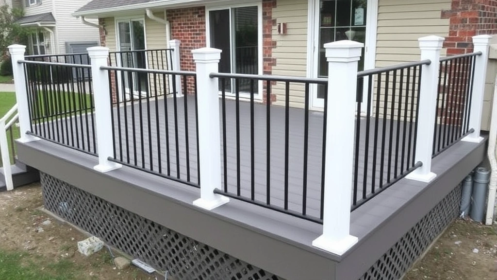 Completed composite deck with metal railings and balusters, showing proper railing height, spacing, and finished appearance with clean lines and professional installation