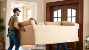 Professional furniture delivery crew of two men carefully maneuvering a large beige sectional sofa through a residential doorway, using proper lifting techniques and protective equipment, bright natural lighting from windows