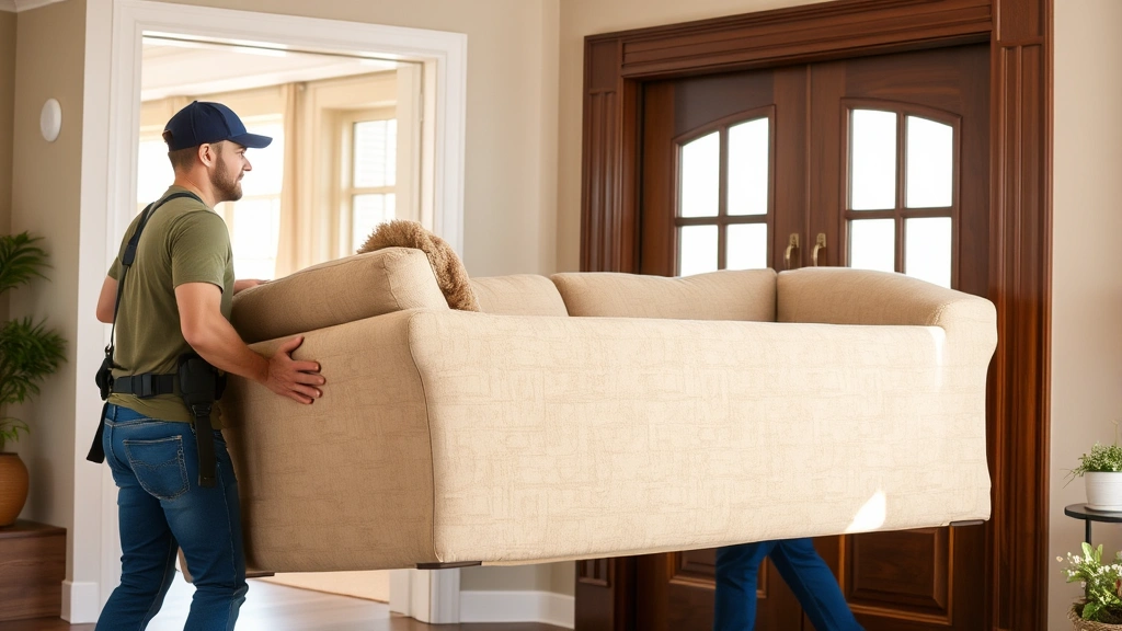 Professional furniture delivery crew of two men carefully maneuvering a large beige sectional sofa through a residential doorway, using proper lifting techniques and protective equipment, bright natural lighting from windows