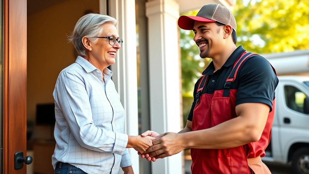 Close-up of a satisfied homeowner handing cash tip to a smiling furniture delivery worker at the front door, both appearing professional and friendly, daytime residential setting with delivery truck visible in background