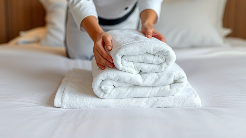 Close-up of hands placing folded fresh towels and toiletries on a hotel bed during turnover service, clean white bedding visible, professional housekeeping setup